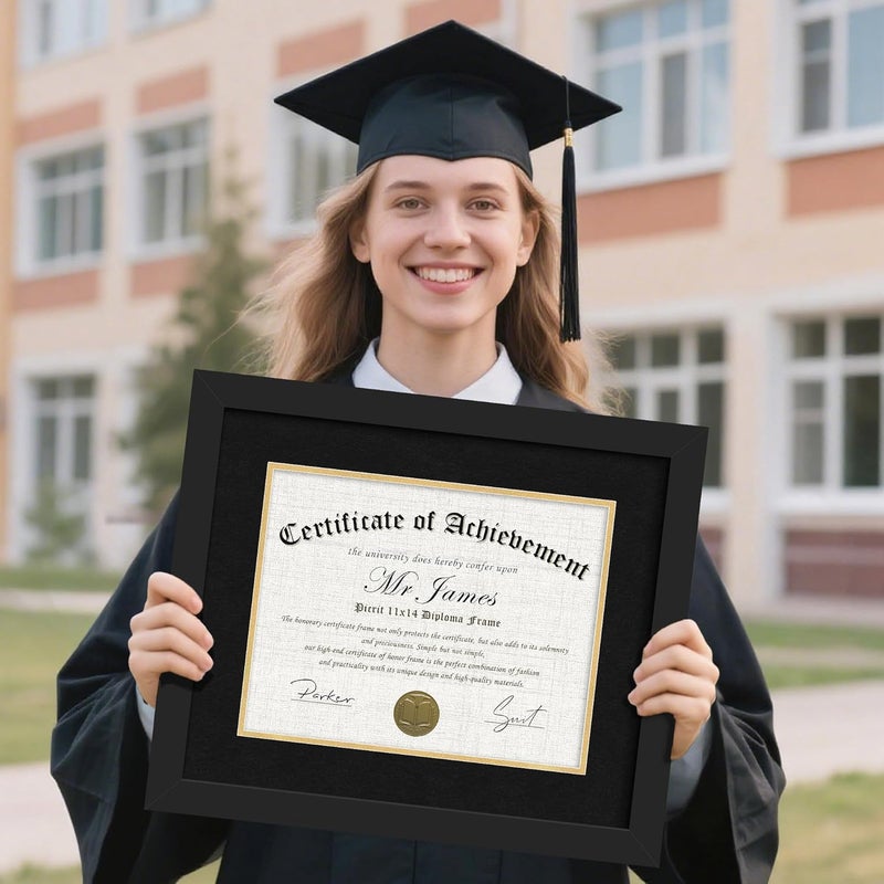 Picrit 11x14 Black Wood Diploma/Document Frame with Tempered Glass & Black over Gold Mat, and Display 15x18 Degree Certificate Frame without Mat for Wall, 1 pack - Image 2